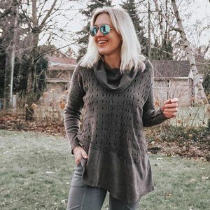 XCVI Grey Asymmetrical Cowl Neck Sweater with Cutout Detail